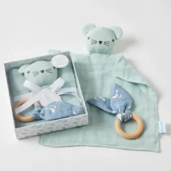 Pilbeam - Double Muslin Comforter & Teething Ring Misty Blue